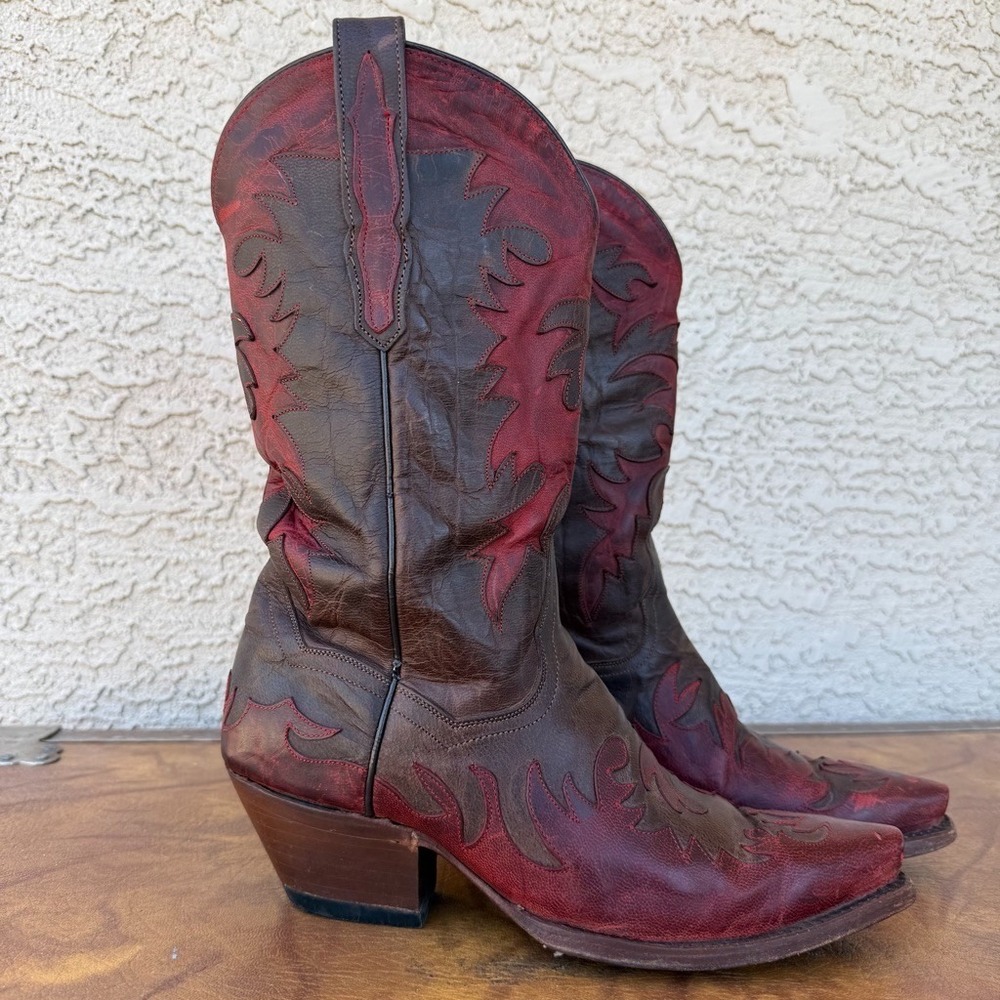 Vintage Dan Post Womens 8 Cowboy Boots Burgundy Leather Pointed Toe Western